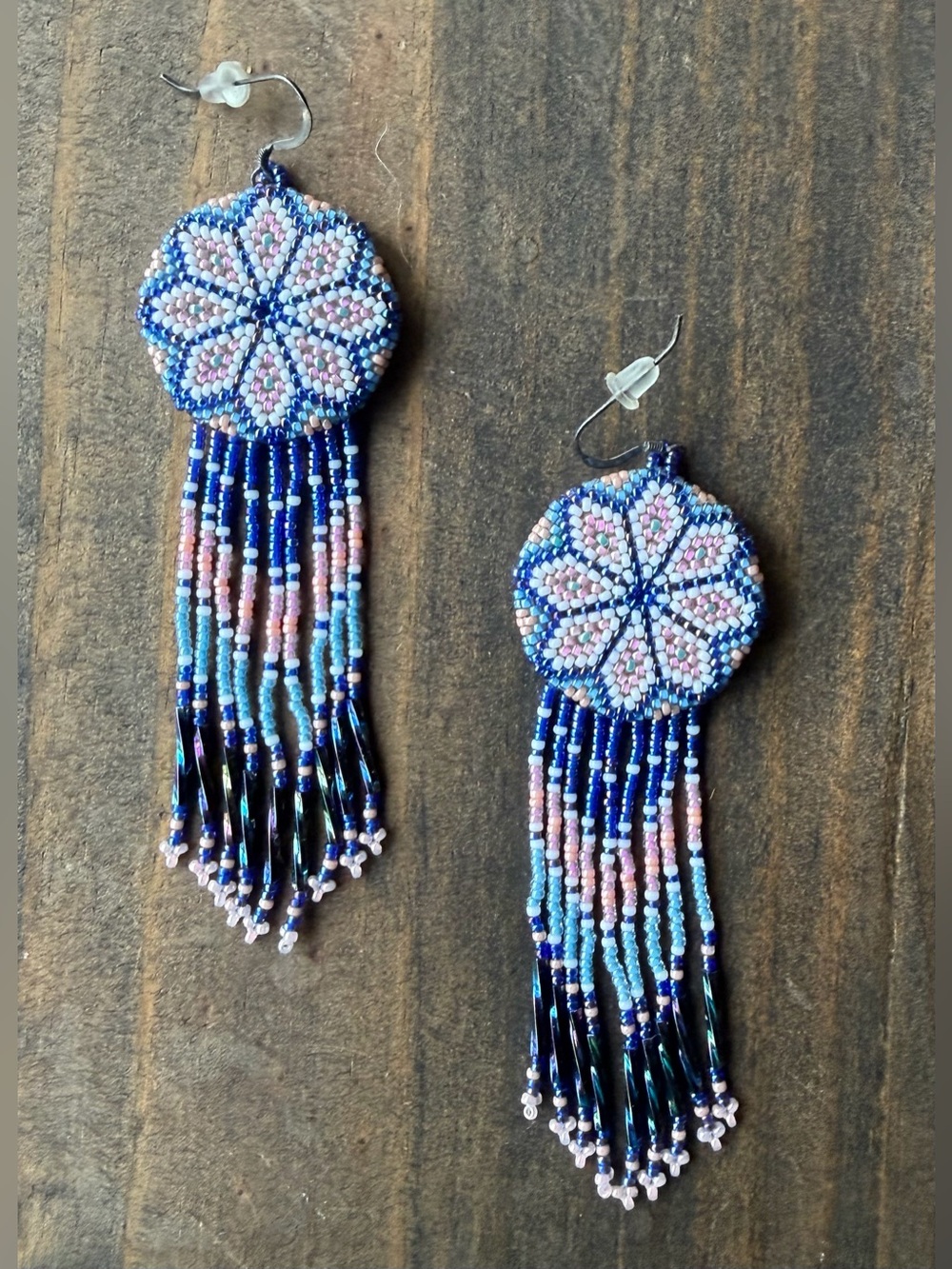 Handmade Blue & Pink Beaded Fringe Earrings